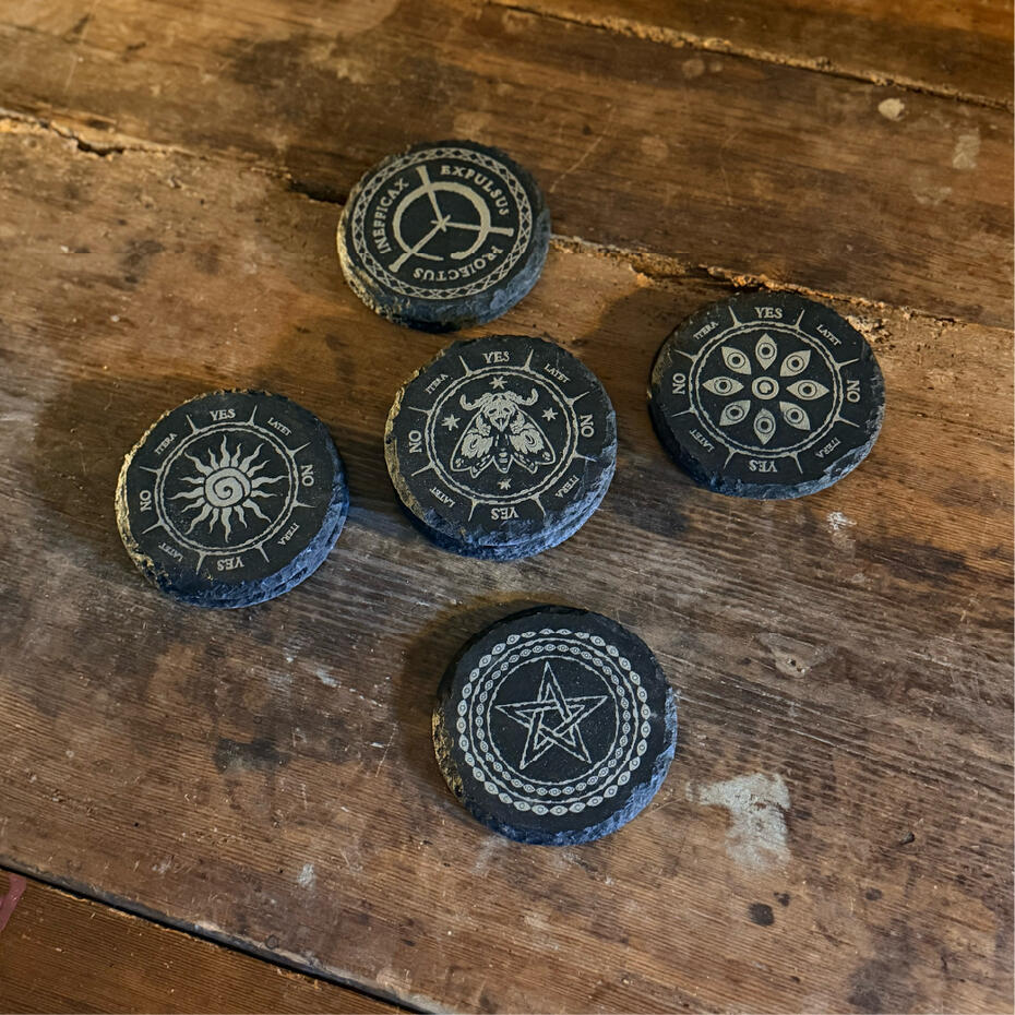 Handmade engraved ritual pendulum and sigil slates, Markstones by WMFrewolfe