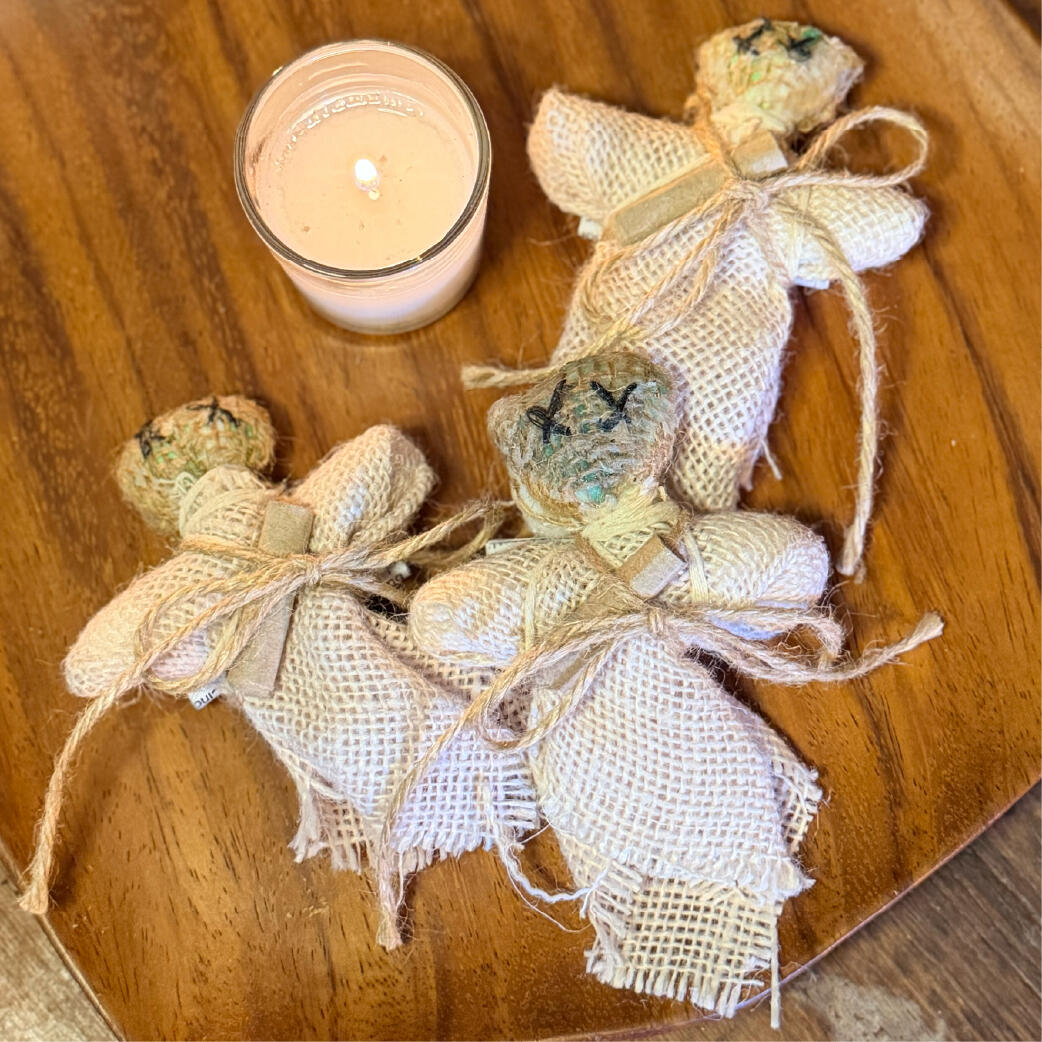 Cinderwitch - Made in batches Group of handmade burlap witch figures with stitched faces and twine ties, ritual burning poppets, Cinderwitch by WMFrewolfe