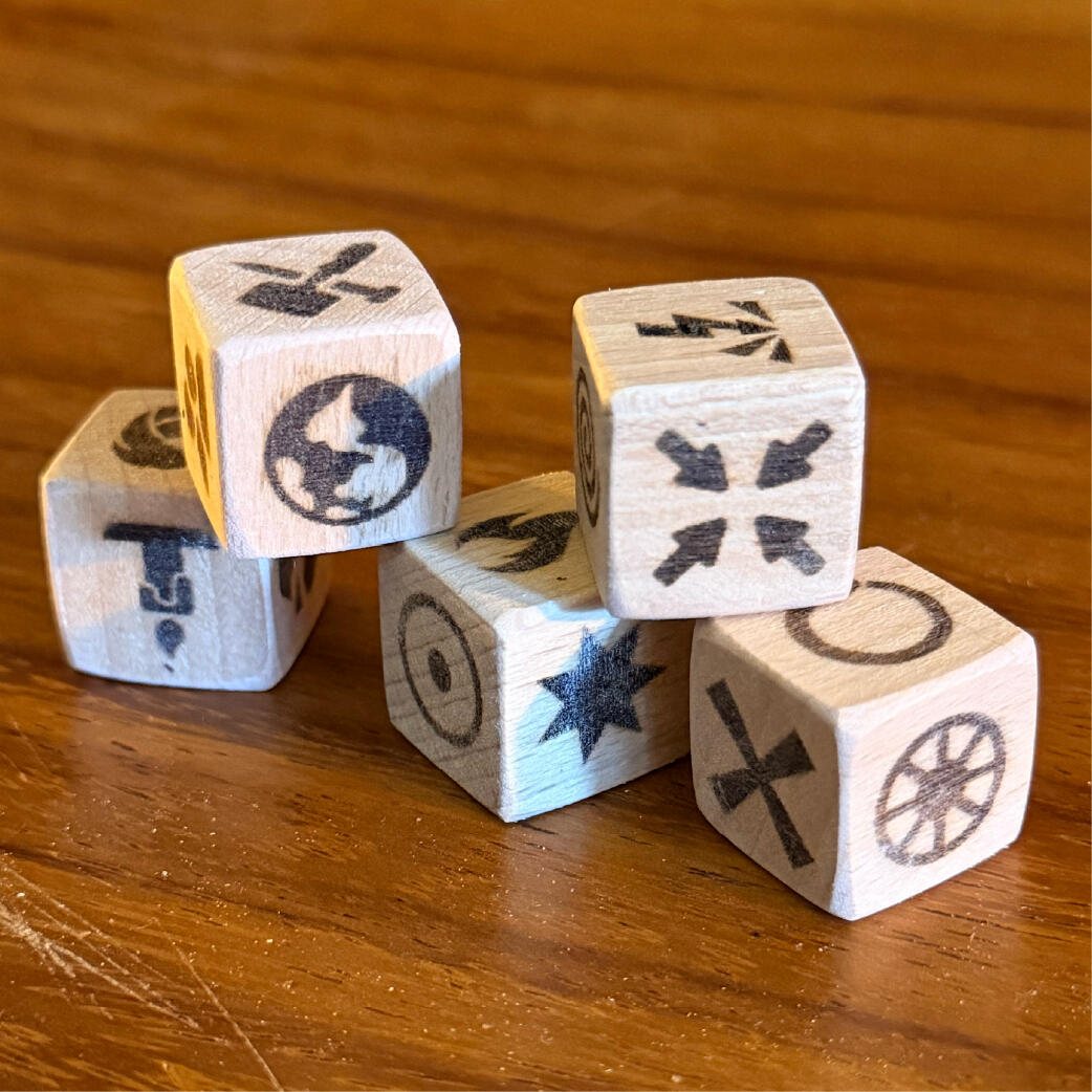 FATEM Bones - Force, actor, timing, energy, method Engraved faces of the Fatem Bones chaos magic dice showing the five formula dice, WMFrewolfe