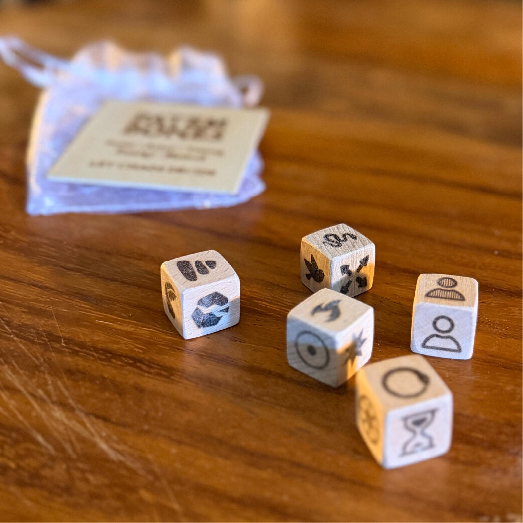 Fatem Bones - The five dice Five wooden chaos magick formula dice mid-cast, force actor timing energy method, by WMFrewolfe