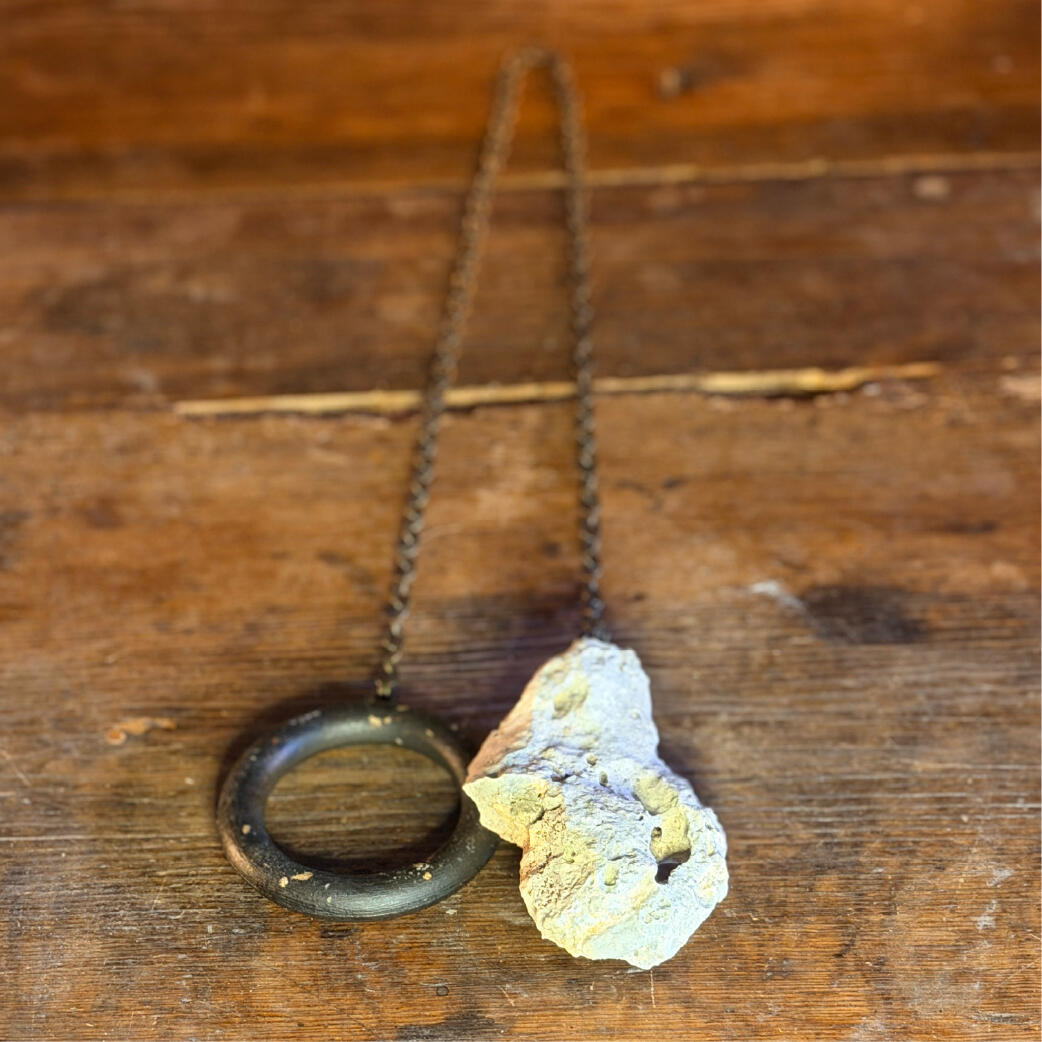 Hagulum - Found, not made Natural water-holed hagstone beside its wooden ring, handmade seeing-stone pendulum, Hagulum by WMFrewolfe