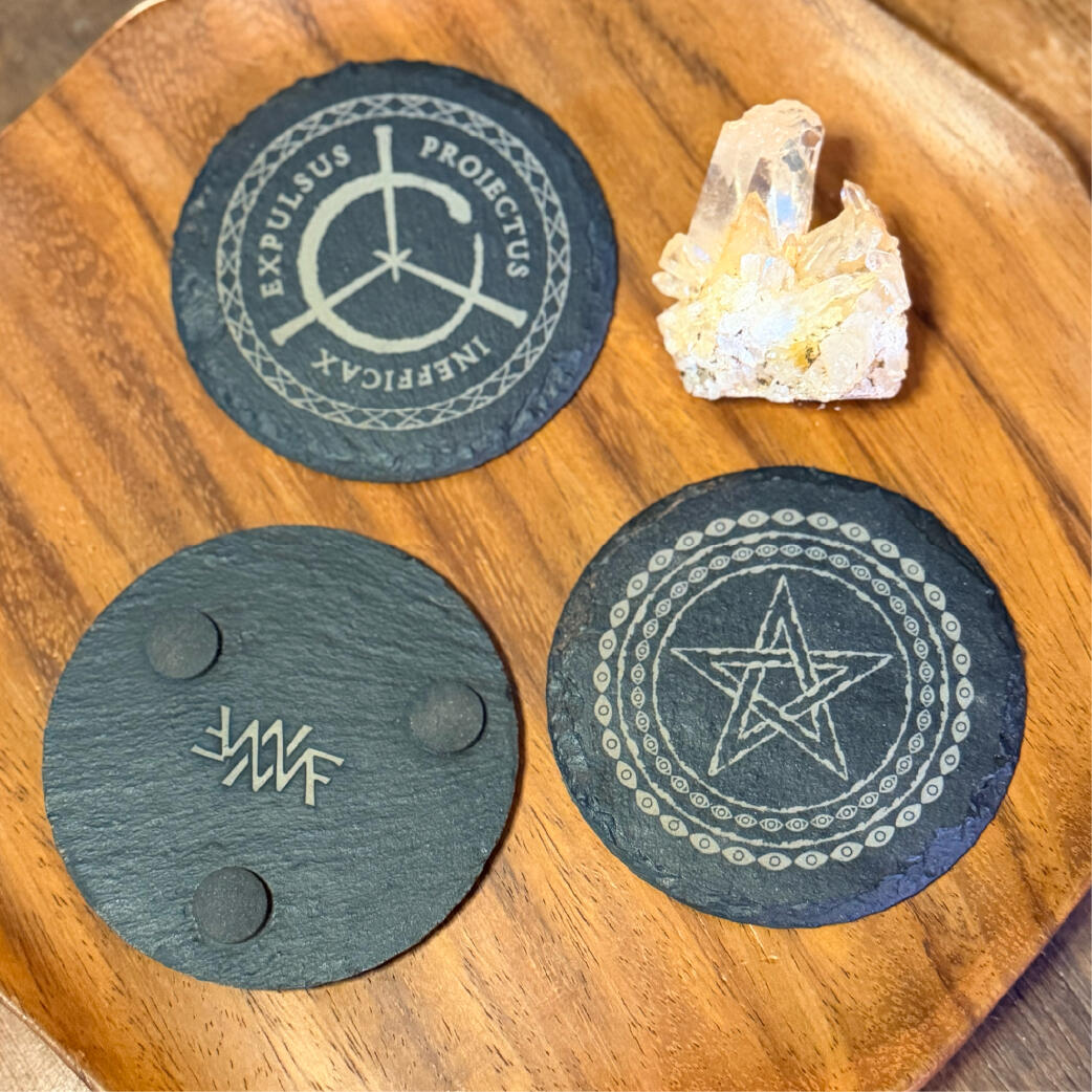 Markstones - Ask, or hold Engraved slate Markstones showing pendulum and charging faces with the footed back, handmade by WMFrewolfe