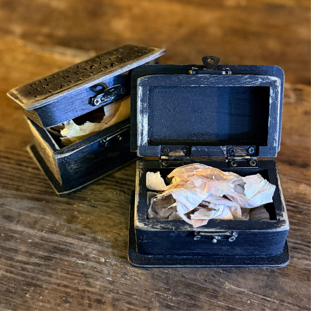 Banebox - Set it inside Small aged hinged box open with its contents, handmade binding and sealing box, Bane Box by WMFrewolfe