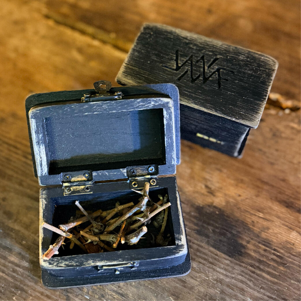 Bane box - Whatever it must hold Open Bane Box holding bound thorns beside its sigil-marked bottom, handmade ritual containment box by WMFrewolfe